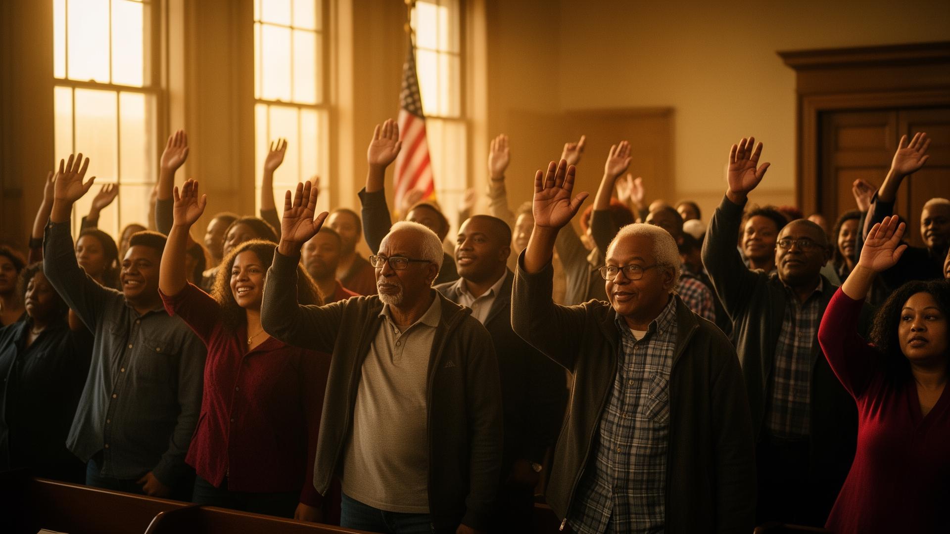 Connecticut residents raising their hands at a town hall meeting